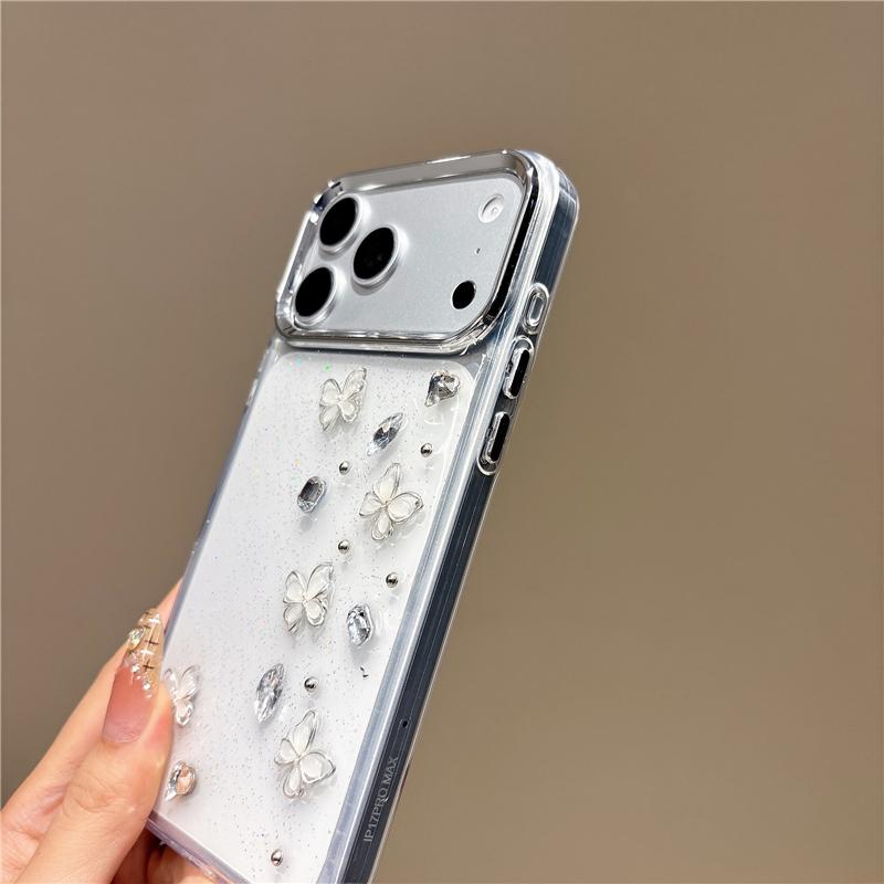 For iPhone 15 Pro Metal Lens Frame Rhinestone Butterfly Design Phone Case - Default - EDA010162508