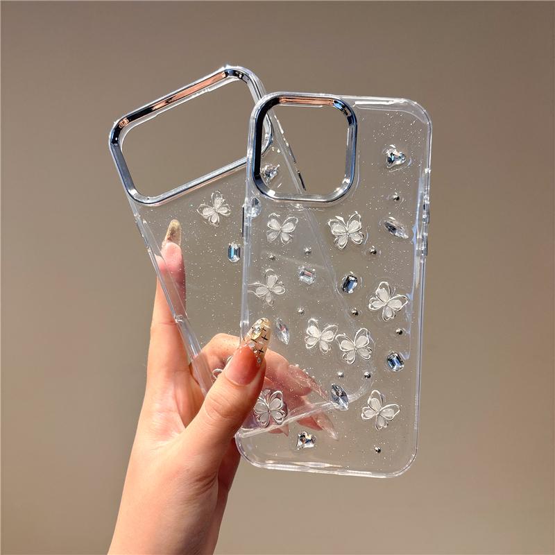 For iPhone 15 Pro Metal Lens Frame Rhinestone Butterfly Design Phone Case - Default - EDA010162508