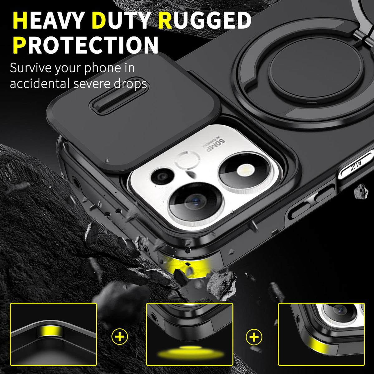 For Honor 600 Smart 5G Sliding Camshield Ring Holder Phone Case - Black - EDA010162801A
