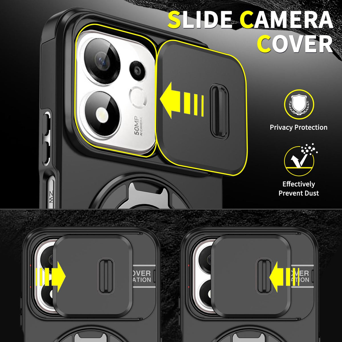For Honor 600 Smart 5G Sliding Camshield Ring Holder Phone Case - Black - EDA010162801A