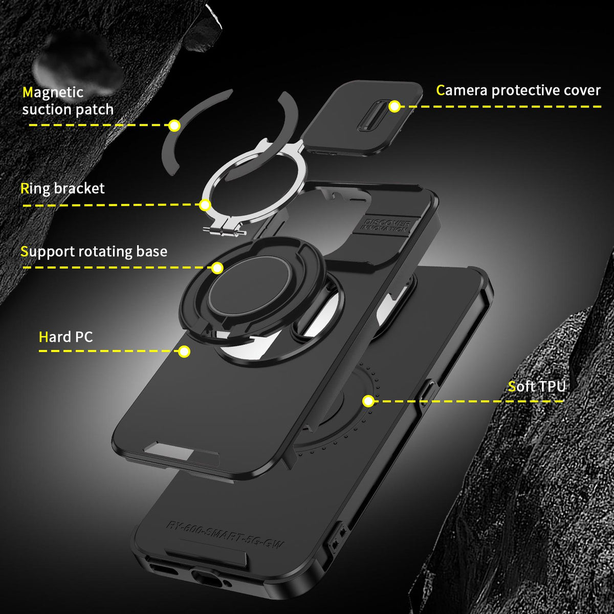 For Honor 600 Smart 5G Sliding Camshield Ring Holder Phone Case - Black - EDA010162801A