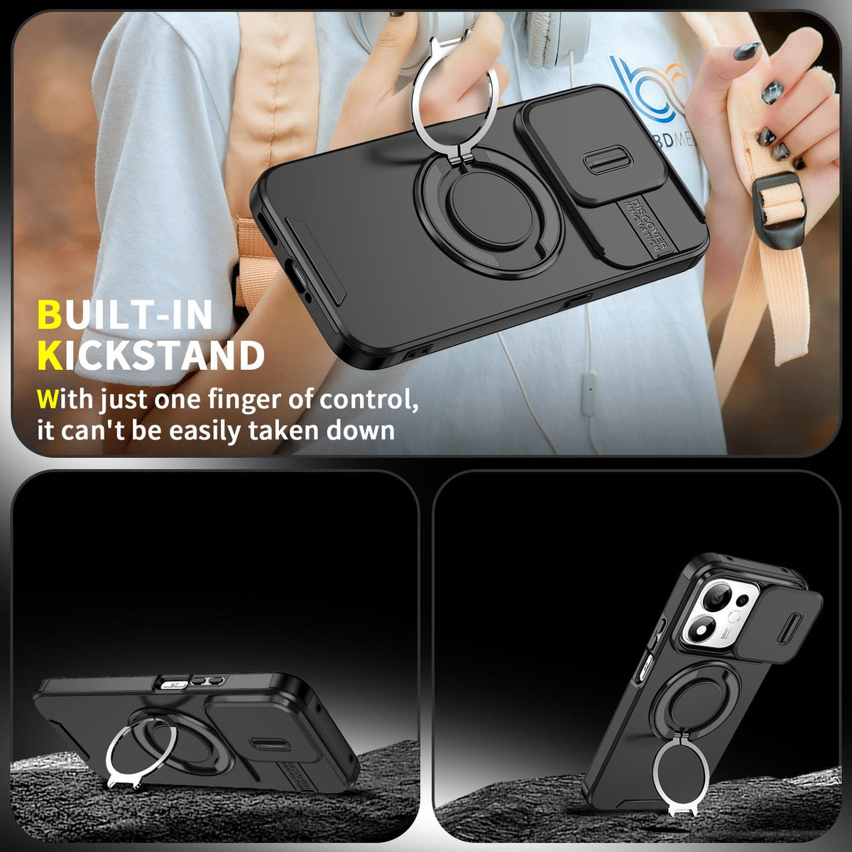 For Honor 600 Smart 5G Sliding Camshield Ring Holder Phone Case - Black - EDA010162801A