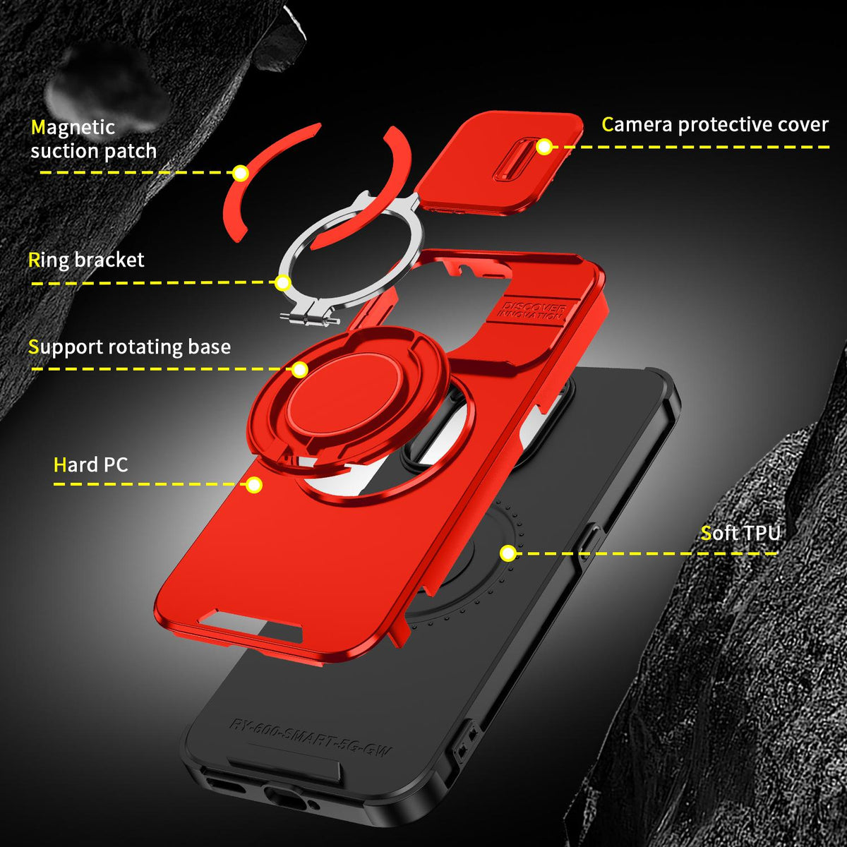 For Honor 600 Smart 5G Sliding Camshield Ring Holder Phone Case - Red - EDA010162801C