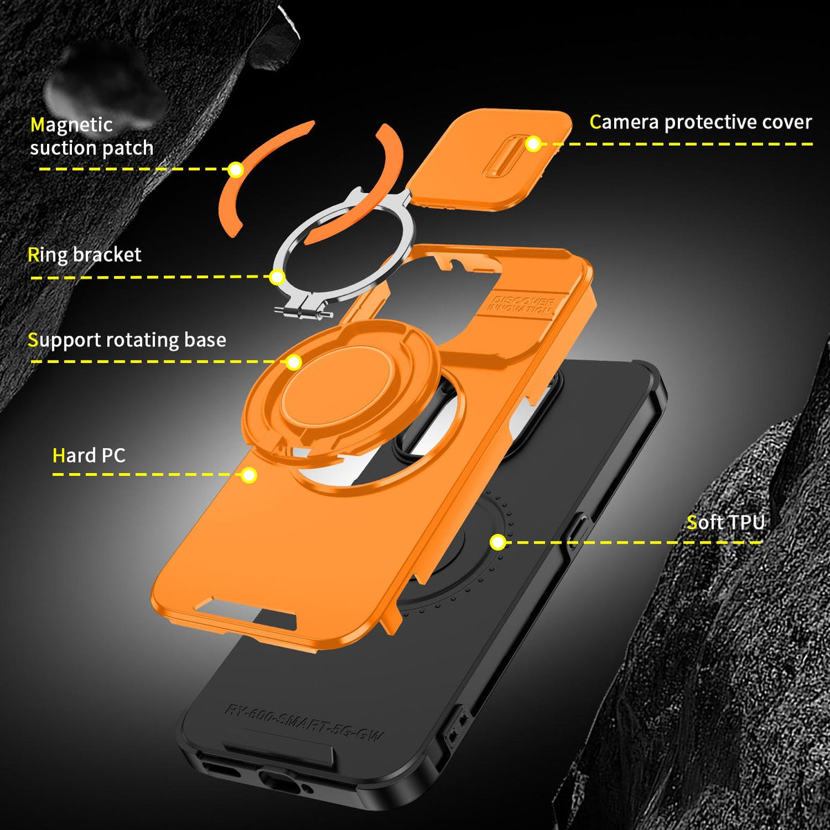 For Honor 600 Smart 5G Sliding Camshield Ring Holder Phone Case - Orange - EDA010162801D