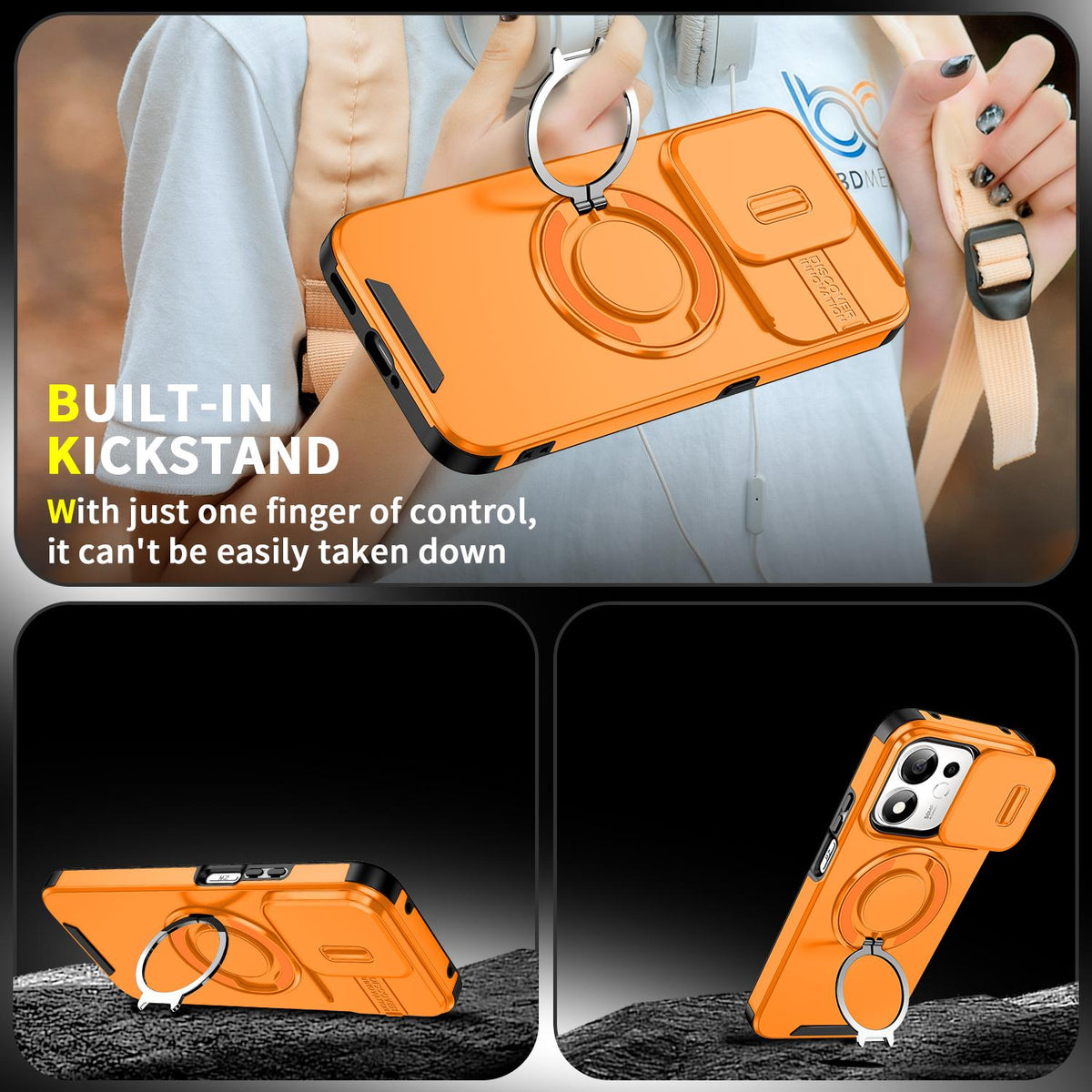For Honor 600 Smart 5G Sliding Camshield Ring Holder Phone Case - Orange - EDA010162801D
