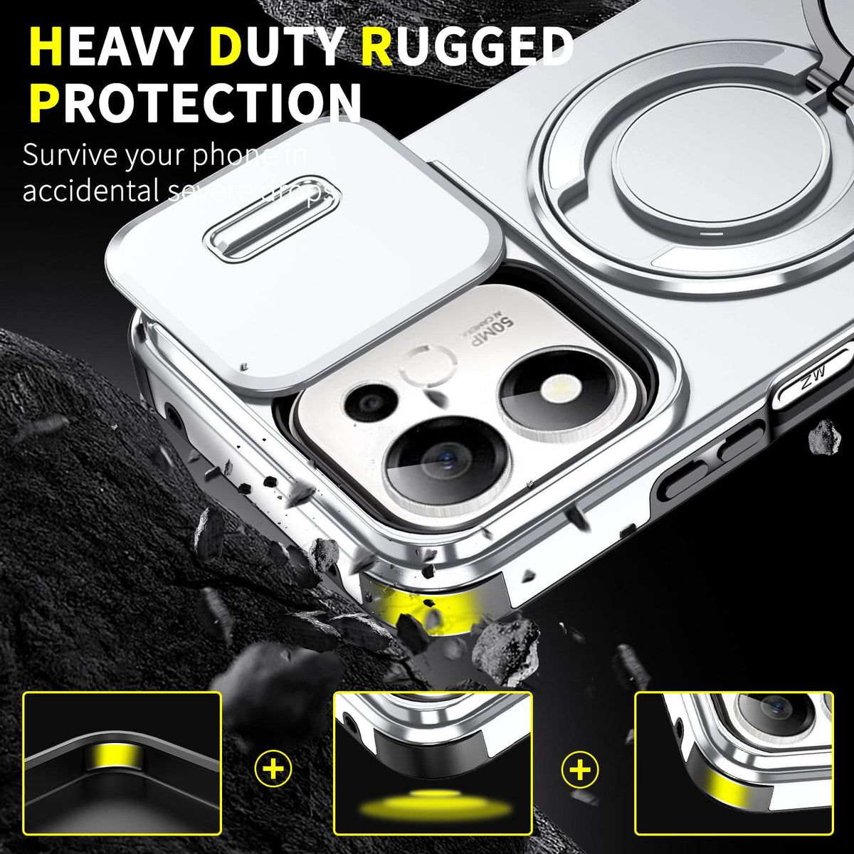 For Honor 600 Smart 5G Sliding Camshield Ring Holder Phone Case - Silver - EDA010162801G