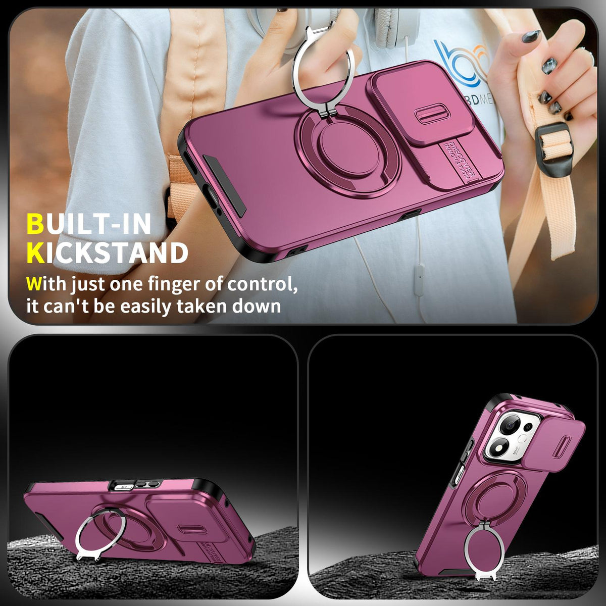 For Honor 600 Smart 5G Sliding Camshield Ring Holder Phone Case - Cherry Red - EDA010162801H