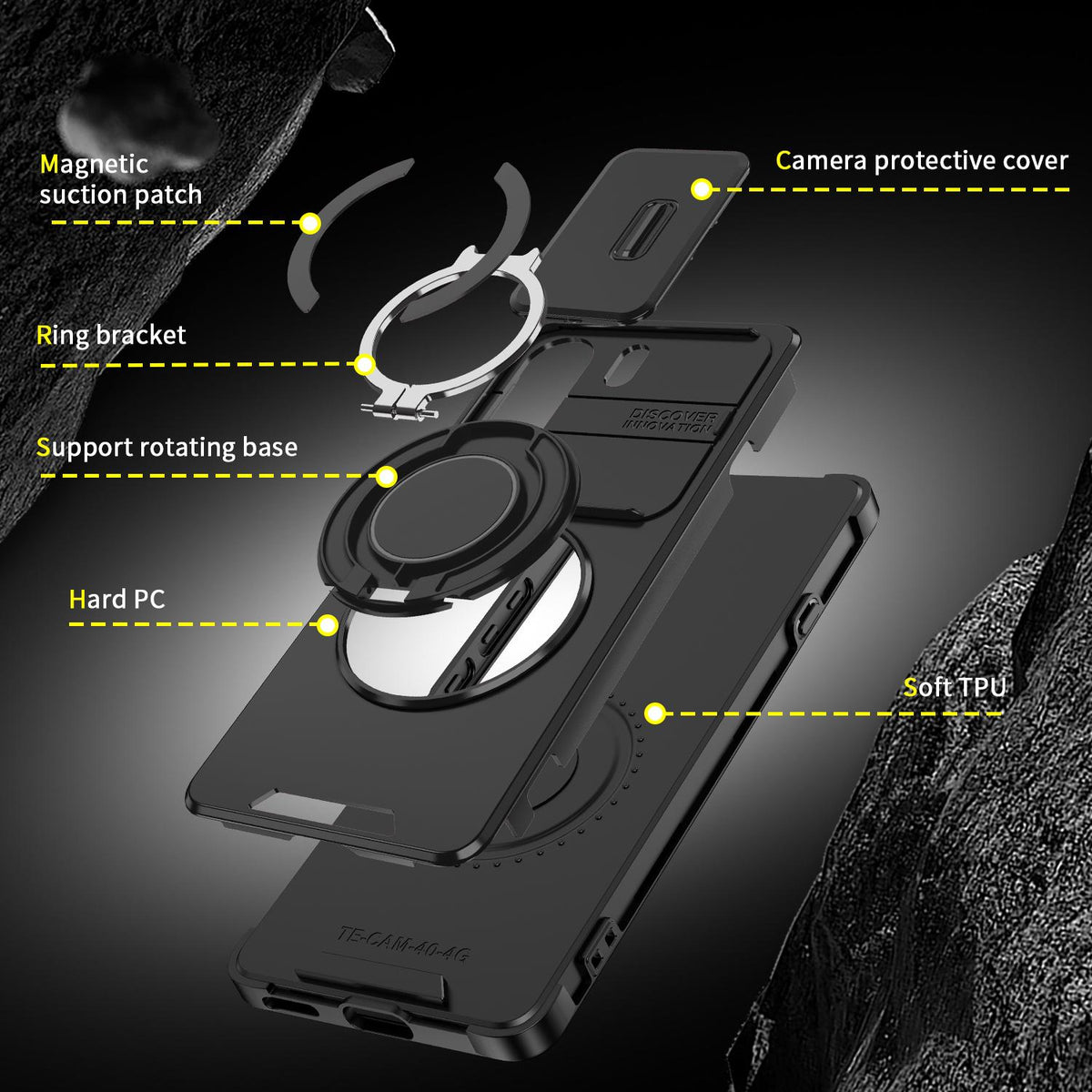 For Tecno Camon 40 Pro 4G Sliding Camshield Ring Holder Phone Case - Black - EDA010162901A