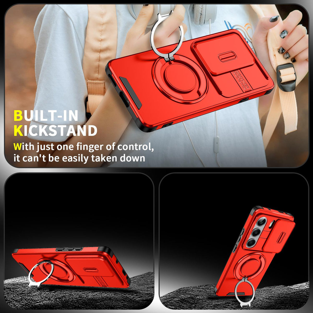 For Tecno Camon 40 Pro 4G Sliding Camshield Ring Holder Phone Case - Red - EDA010162901C
