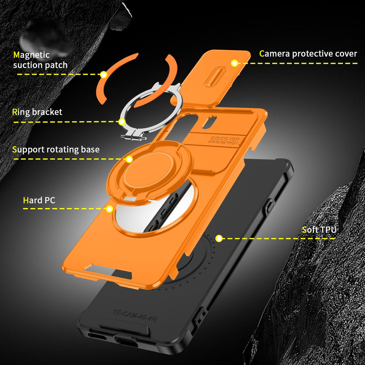 For Tecno Camon 40 Pro 4G Sliding Camshield Ring Holder Phone Case - Orange - EDA010162901D