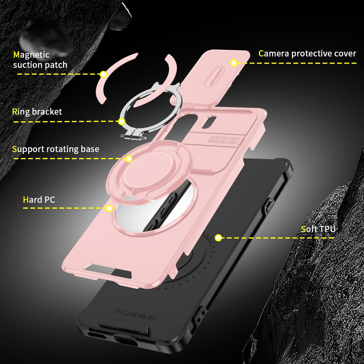 For Tecno Camon 40 Pro 4G Sliding Camshield Ring Holder Phone Case - Pink - EDA010162901E