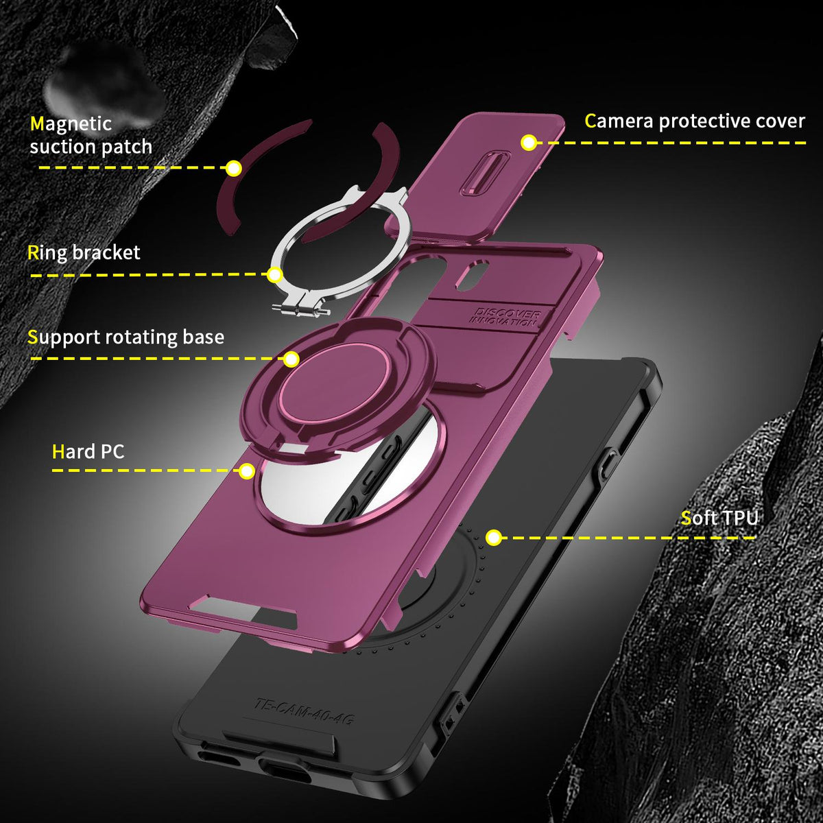 For Tecno Camon 40 Pro 4G Sliding Camshield Ring Holder Phone Case - Cherry Red - EDA010162901H