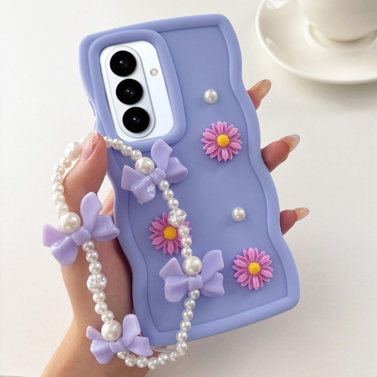 For Galaxy S26+ 5G Macaron Color Little Daisy and Pearl Phone Case with Bracelet Chain - Purple - EDA010166101D
