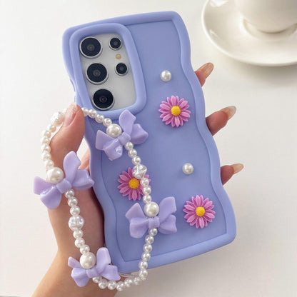 For Galaxy S26 Ultra 5G Macaron Color Little Daisy and Pearl Phone Case with Bracelet Chain - Purple - EDA010166102D