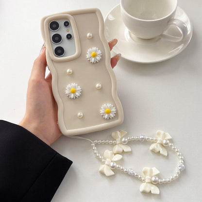 For Galaxy S26 Ultra 5G Macaron Color Little Daisy and Pearl Phone Case with Bracelet Chain - White - EDA010166102E