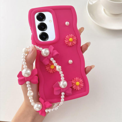 For Galaxy S25+ 5G Macaron Color Little Daisy and Pearl Phone Case with Bracelet Chain - Red - EDA010166105A