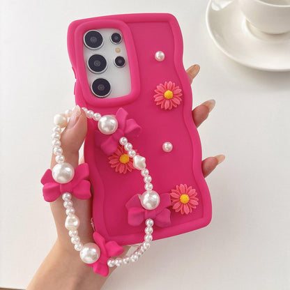 For Galaxy S25 Ultra 5G Macaron Color Little Daisy and Pearl Phone Case with Bracelet Chain - Red - EDA010166106A