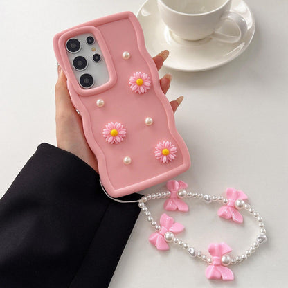 For Galaxy S25 Ultra 5G Macaron Color Little Daisy and Pearl Phone Case with Bracelet Chain - Pink - EDA010166106B