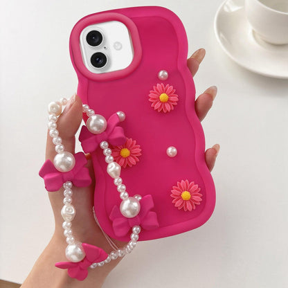 For iPhone 18 Macaron Color Little Daisy and Pearl Phone Case with Bracelet Chain - Red - EDA010167104A