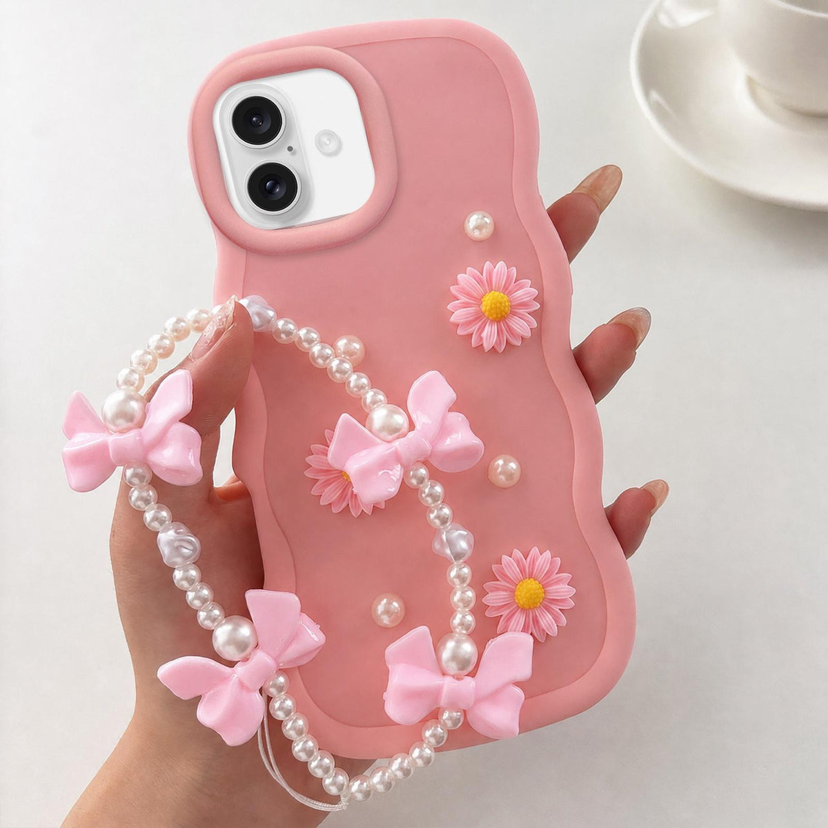 For iPhone 18 Macaron Color Little Daisy and Pearl Phone Case with Bracelet Chain - Pink - EDA010167104B