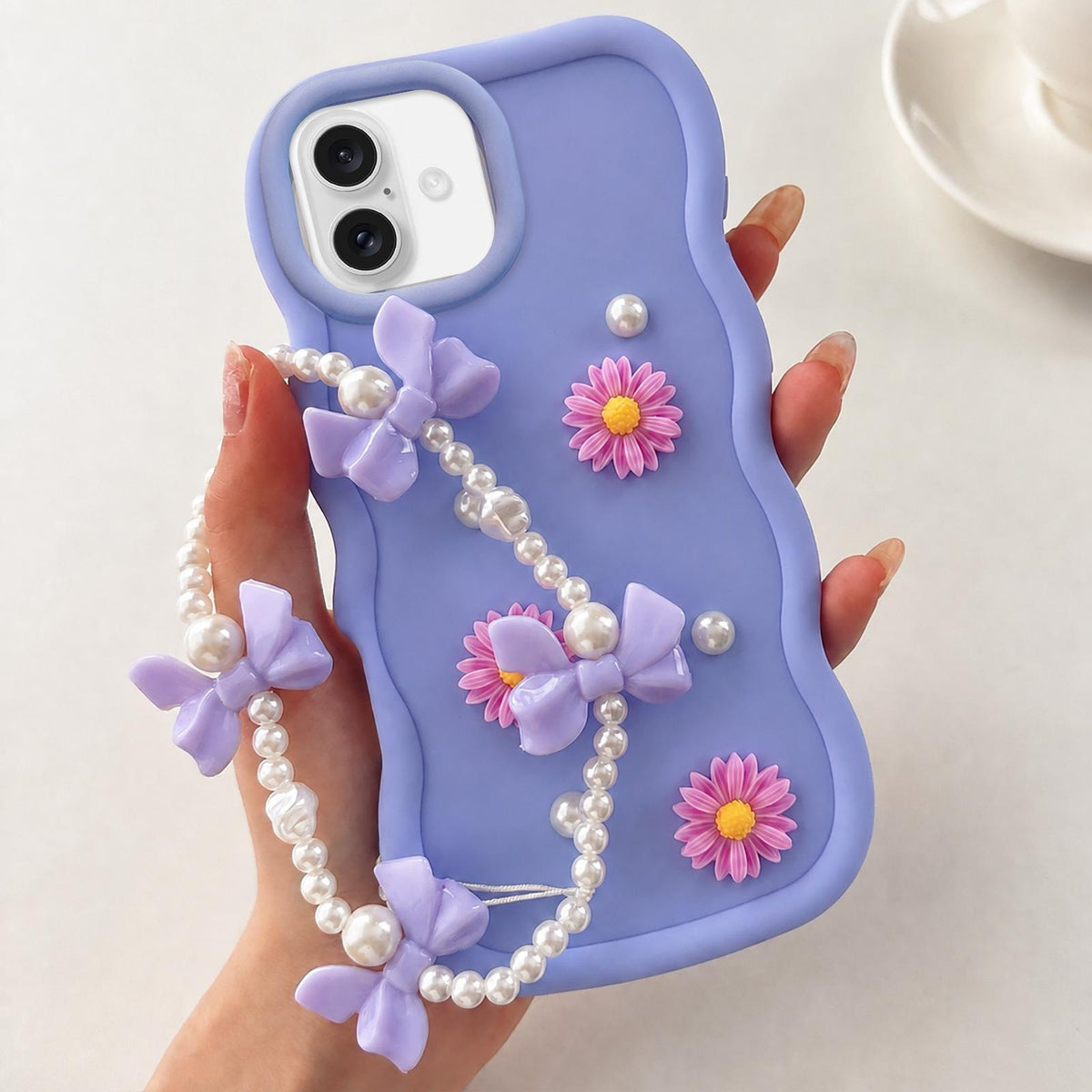 For iPhone 18 Macaron Color Little Daisy and Pearl Phone Case with Bracelet Chain - Purple - EDA010167104D