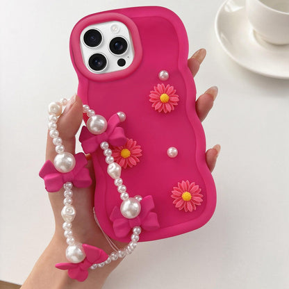 For iPhone 16 Pro Macaron Color Little Daisy and Pearl Phone Case with Bracelet Chain - Red - EDA010167109A