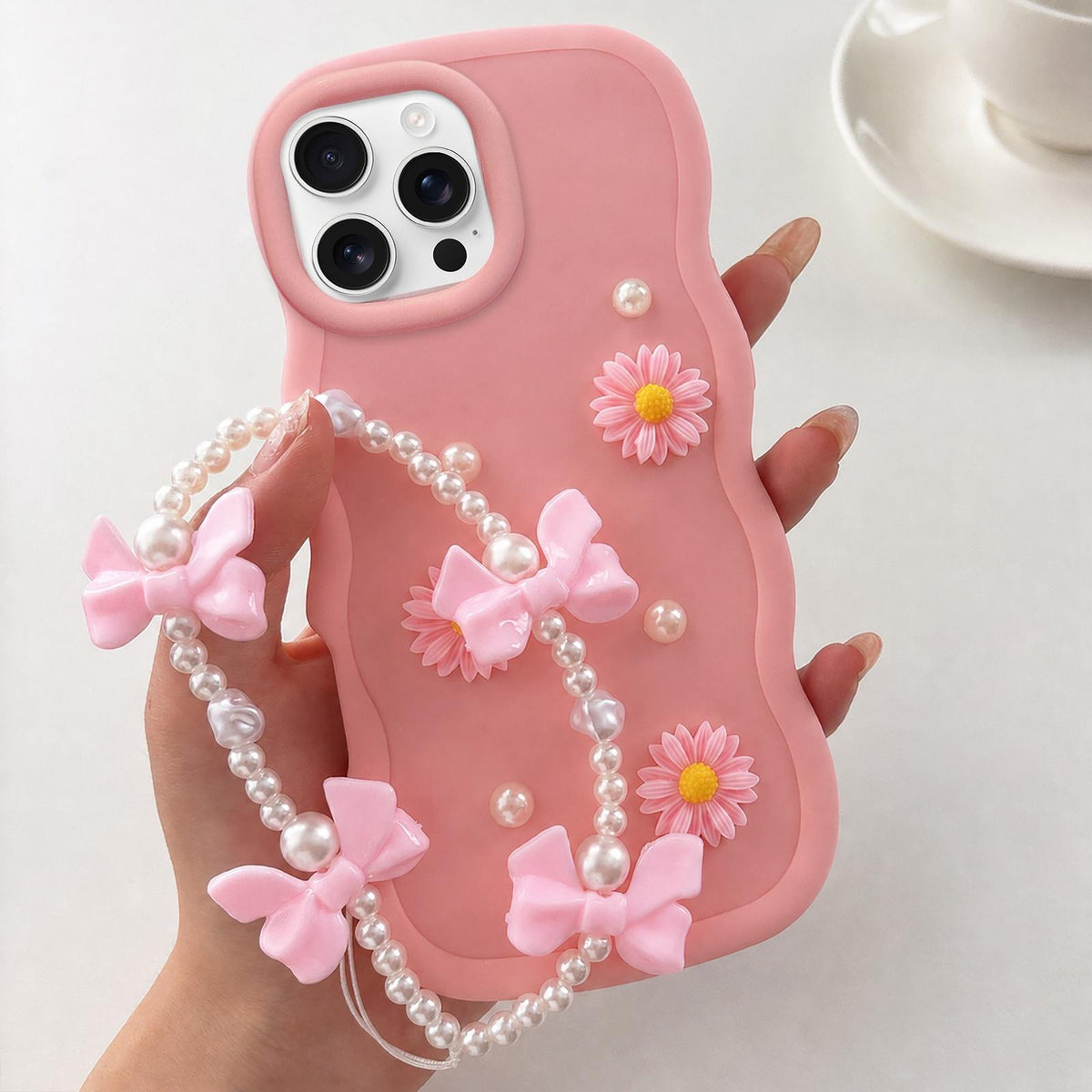 For iPhone 16 Pro Macaron Color Little Daisy and Pearl Phone Case with Bracelet Chain - Pink - EDA010167109B