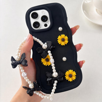 For iPhone 16 Pro Macaron Color Little Daisy and Pearl Phone Case with Bracelet Chain - Black - EDA010167109C