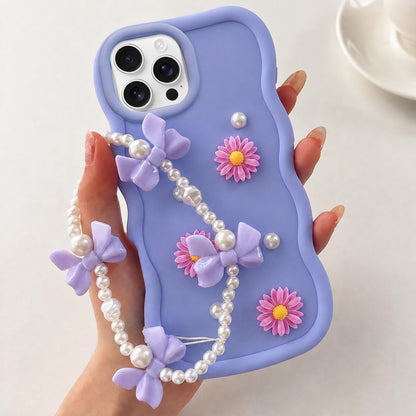 For iPhone 16 Pro Macaron Color Little Daisy and Pearl Phone Case with Bracelet Chain - Purple - EDA010167109D