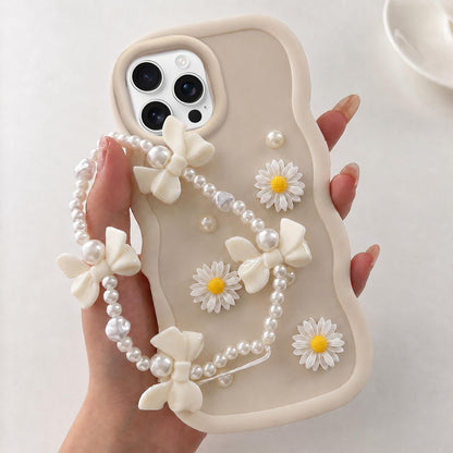 For iPhone 16 Pro Macaron Color Little Daisy and Pearl Phone Case with Bracelet Chain - White - EDA010167109E