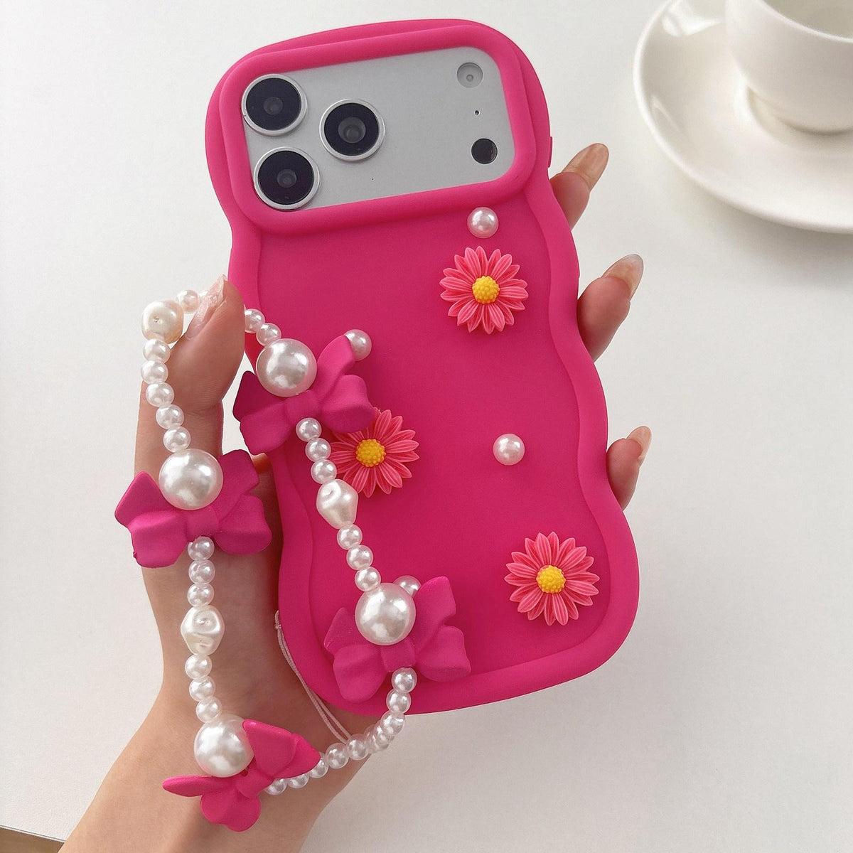 For iPhone 17 Pro Max Macaron Color Little Daisy and Pearl Phone Case with Bracelet Chain - Red - EDA010167110A