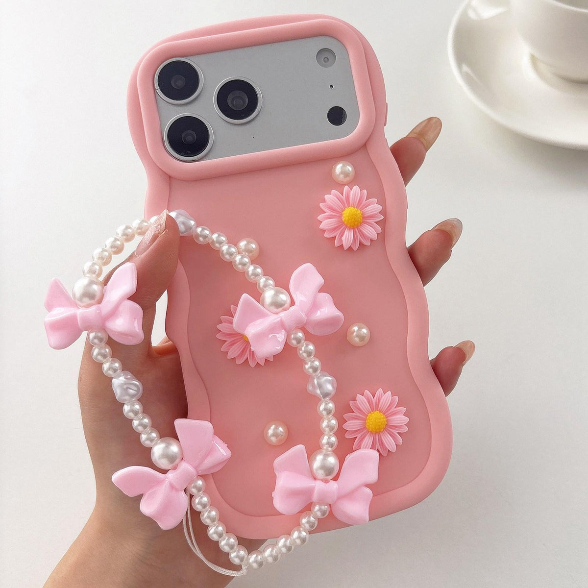 For iPhone 17 Pro Max Macaron Color Little Daisy and Pearl Phone Case with Bracelet Chain - Pink - EDA010167110B