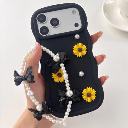 For iPhone 17 Pro Max Macaron Color Little Daisy and Pearl Phone Case with Bracelet Chain - Black - EDA010167110C