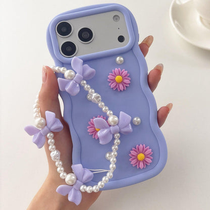 For iPhone 17 Pro Max Macaron Color Little Daisy and Pearl Phone Case with Bracelet Chain - Purple - EDA010167110D