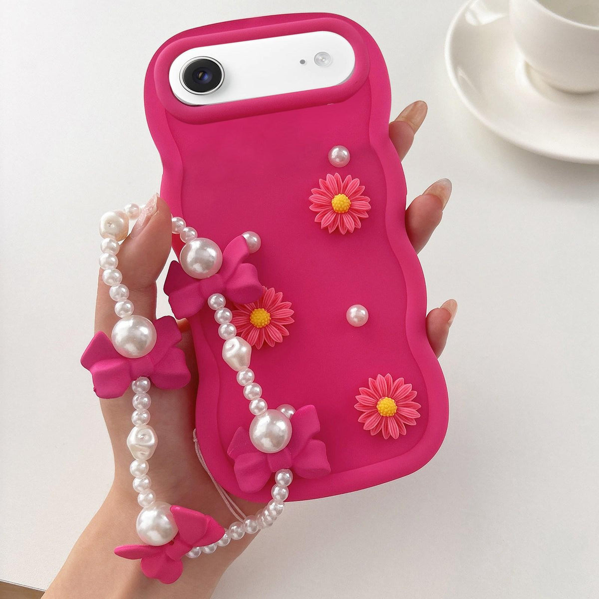 For iPhone Air Macaron Color Little Daisy and Pearl Phone Case with Bracelet Chain - Red - EDA010167114A