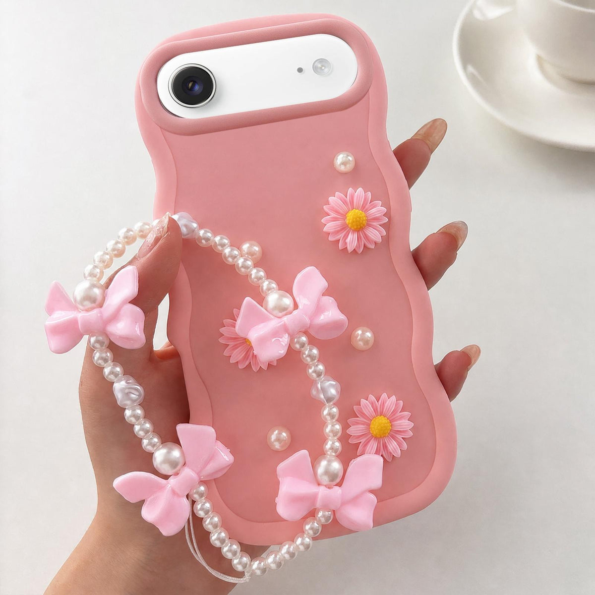 For iPhone Air Macaron Color Little Daisy and Pearl Phone Case with Bracelet Chain - Pink - EDA010167114B