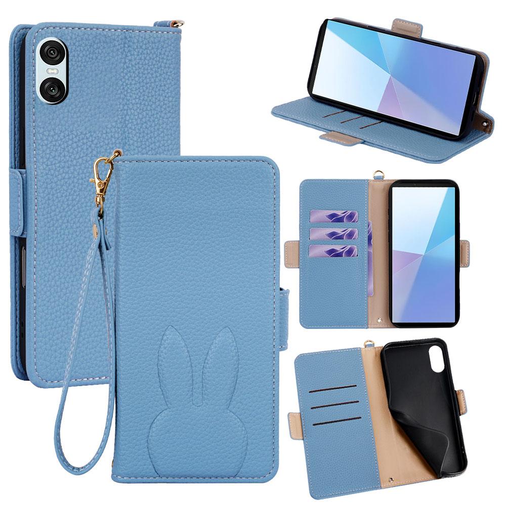 For Sony Xperia 10 VI Bunny Ears Side Magnetic Clasp Vegan Leather Phone Case with Wrist Strap - Blue - EDA010169203A