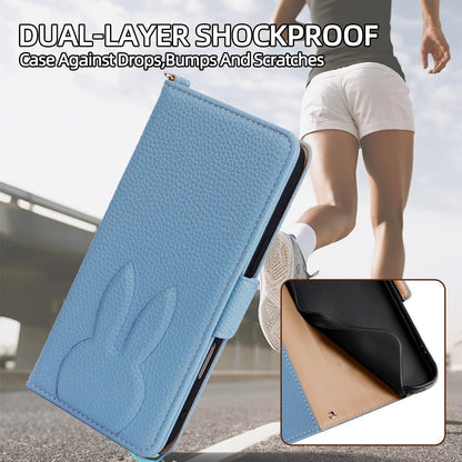 For Sony Xperia 10 VI Bunny Ears Side Magnetic Clasp Vegan Leather Phone Case with Wrist Strap - Blue - EDA010169203A