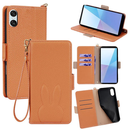 For Sony Xperia 10 VI Bunny Ears Side Magnetic Clasp Vegan Leather Phone Case with Wrist Strap - Brown - EDA010169203C