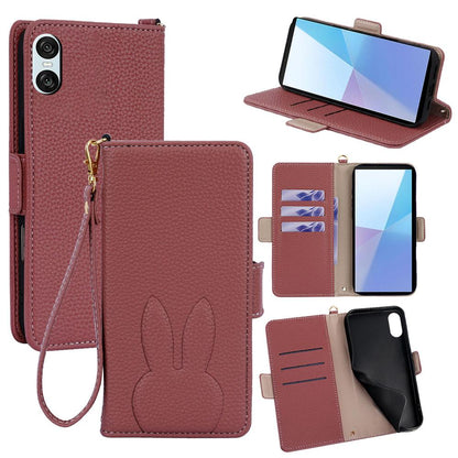 For Sony Xperia 10 VI Bunny Ears Side Magnetic Clasp Vegan Leather Phone Case with Wrist Strap - Red - EDA010169203D