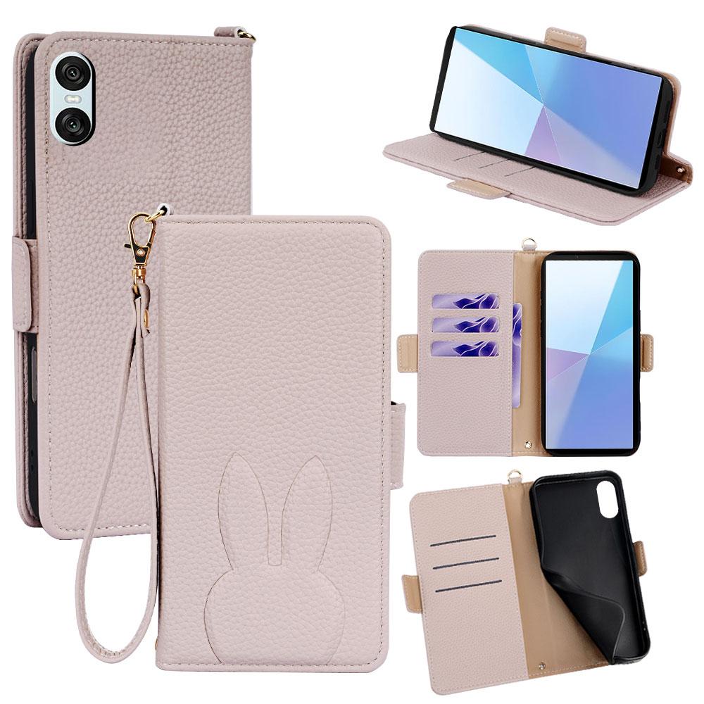For Sony Xperia 10 VI Bunny Ears Side Magnetic Clasp Vegan Leather Phone Case with Wrist Strap - Light Pink - EDA010169203E