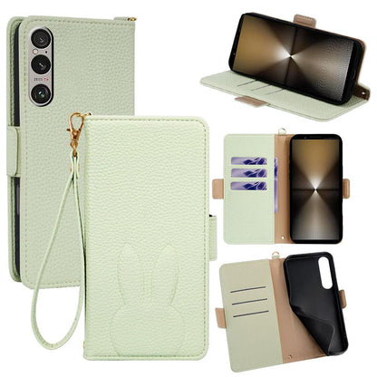For Sony Xperia 1 VI Bunny Ears Side Magnetic Clasp Vegan Leather Phone Case with Wrist Strap - Green - EDA010169206B