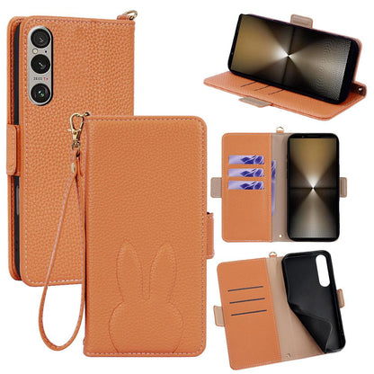 For Sony Xperia 1 VI Bunny Ears Side Magnetic Clasp Vegan Leather Phone Case with Wrist Strap - Brown - EDA010169206C