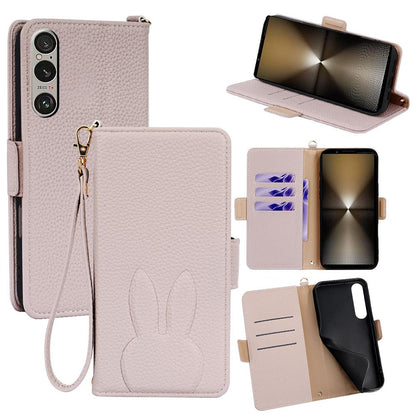 For Sony Xperia 1 VI Bunny Ears Side Magnetic Clasp Vegan Leather Phone Case with Wrist Strap - Light Pink - EDA010169206E