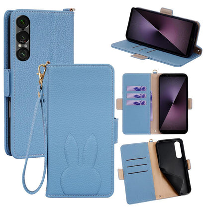 For Sony Xperia 1 VII Bunny Ears Side Magnetic Clasp Vegan Leather Phone Case with Wrist Strap - Blue - EDA010169207A