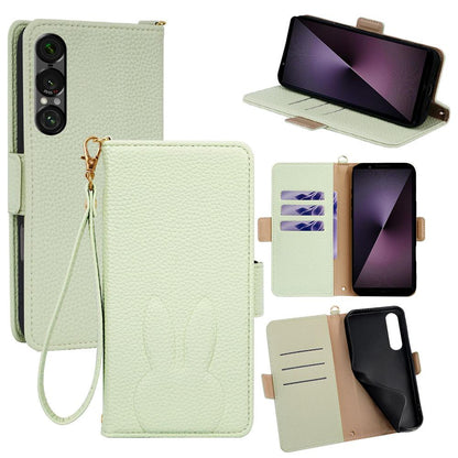 For Sony Xperia 1 VII Bunny Ears Side Magnetic Clasp Vegan Leather Phone Case with Wrist Strap - Green - EDA010169207B