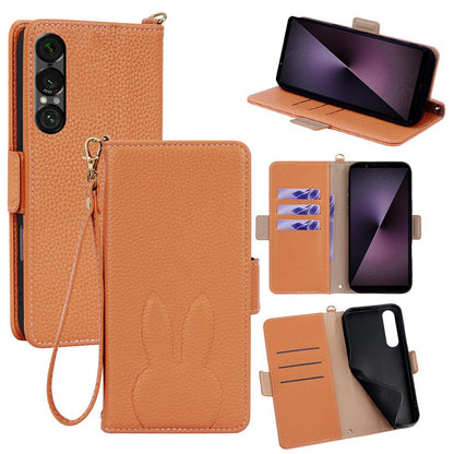 For Sony Xperia 1 VII Bunny Ears Side Magnetic Clasp Vegan Leather Phone Case with Wrist Strap - Brown - EDA010169207C
