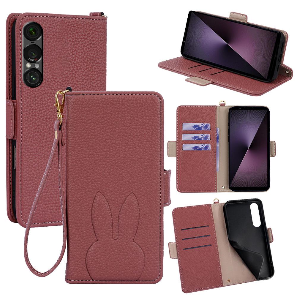 For Sony Xperia 1 VII Bunny Ears Side Magnetic Clasp Vegan Leather Phone Case with Wrist Strap - Red - EDA010169207D