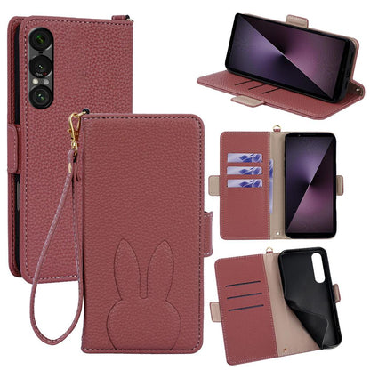 For Sony Xperia 1 VII Bunny Ears Side Magnetic Clasp Vegan Leather Phone Case with Wrist Strap - Red - EDA010169207D