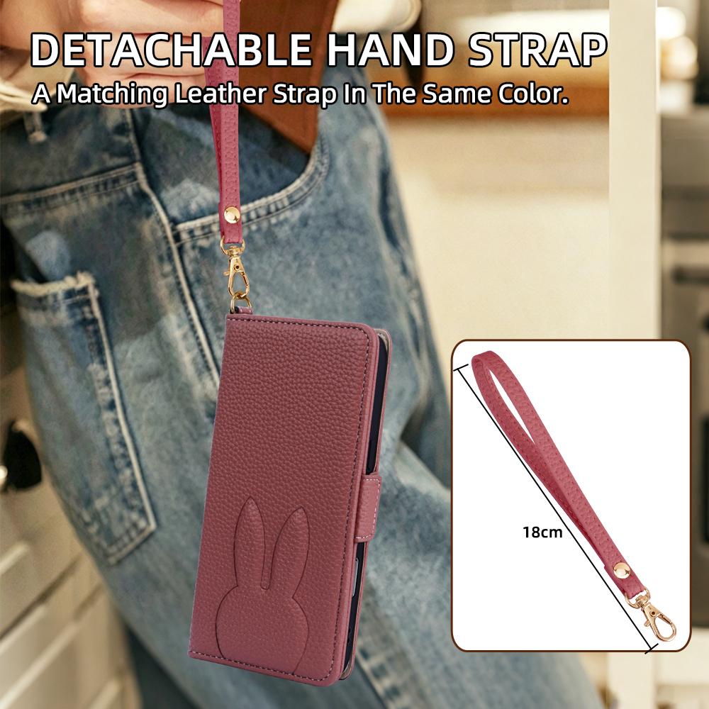 For Sony Xperia 1 VII Bunny Ears Side Magnetic Clasp Vegan Leather Phone Case with Wrist Strap - Red - EDA010169207D